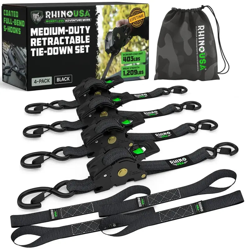 1" x 10' Retractable Ratchet Straps (2 or 4 Pack) - Self Retracting Cargo Tie Down Straps