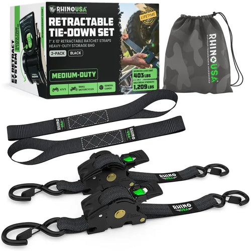 1" x 10' Retractable Ratchet Straps (2 or 4 Pack) - Self Retracting Cargo Tie Down Straps