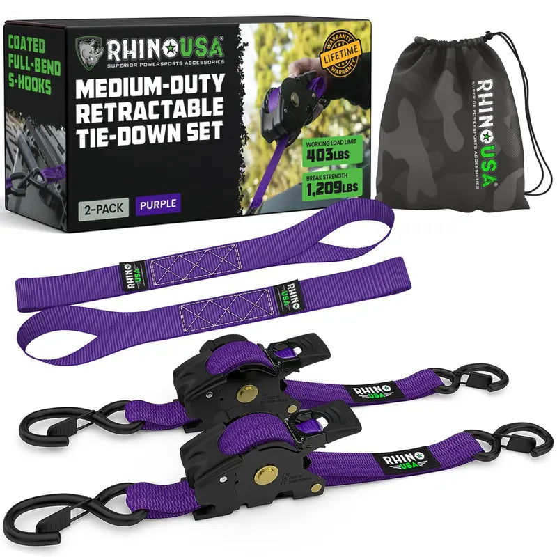 1" x 10' Retractable Ratchet Straps (2 or 4 Pack) - Self Retracting Cargo Tie Down Straps