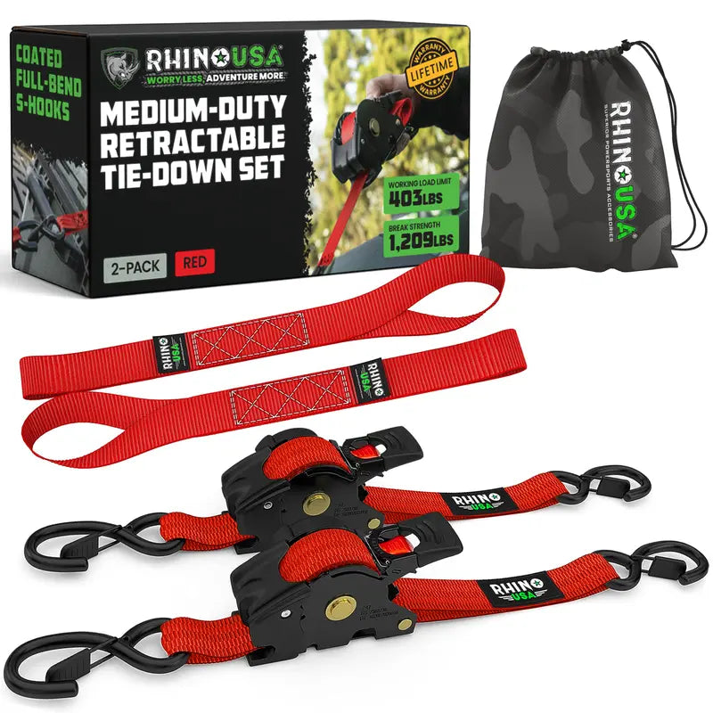 1" x 10' Retractable Ratchet Straps (2 or 4 Pack) - Self Retracting Cargo Tie Down Straps