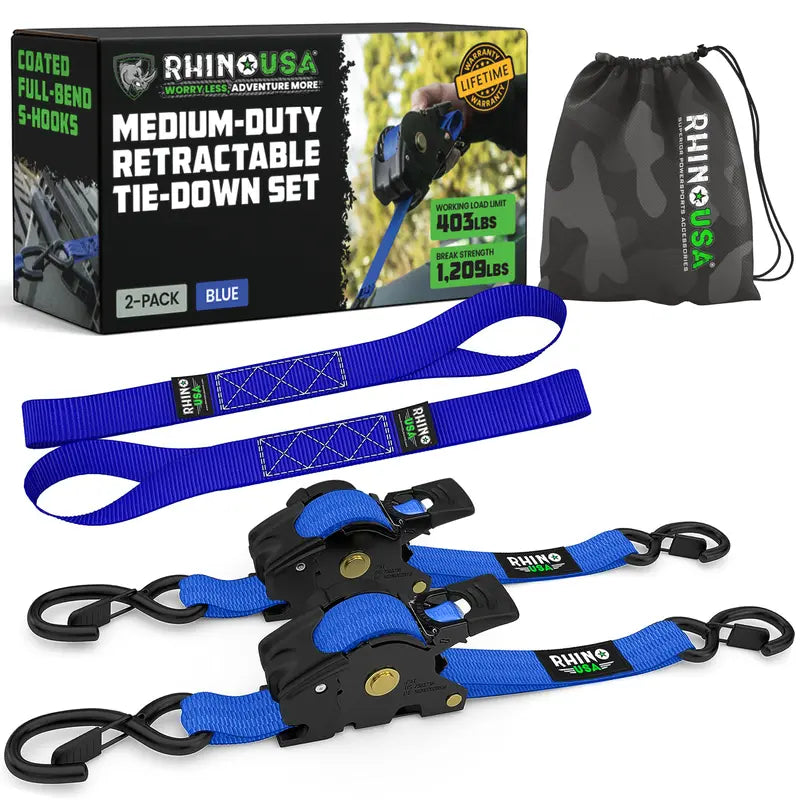 1" x 10' Retractable Ratchet Straps (2 or 4 Pack) - Self Retracting Cargo Tie Down Straps