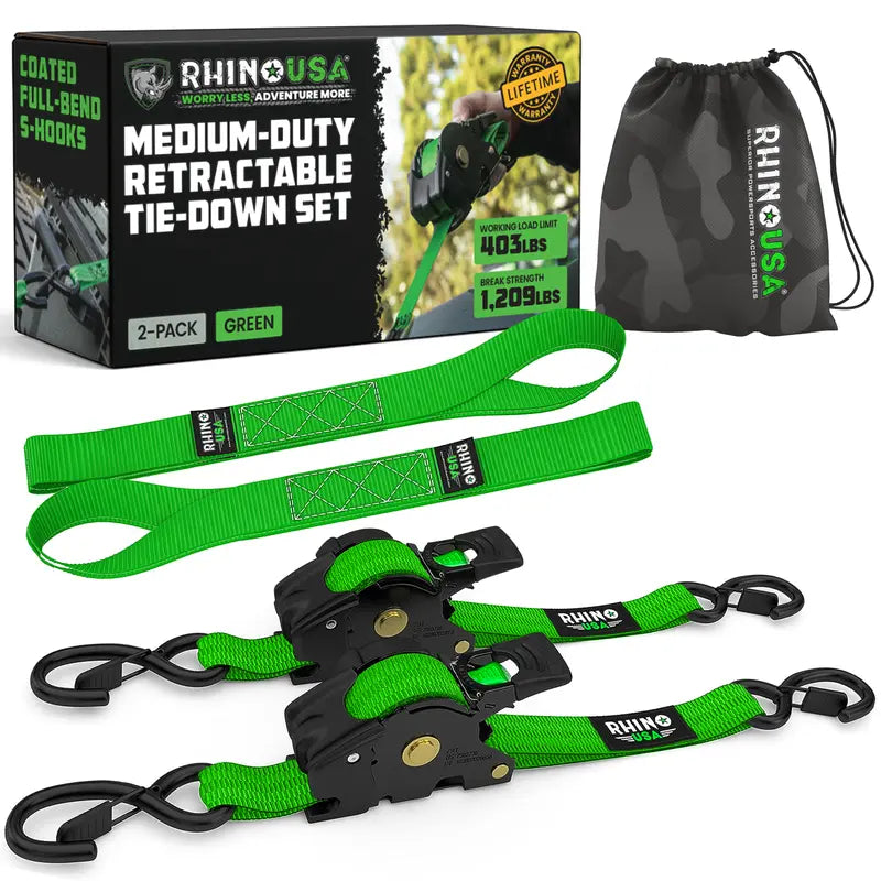 1" x 10' Retractable Ratchet Straps (2 or 4 Pack) - Self Retracting Cargo Tie Down Straps