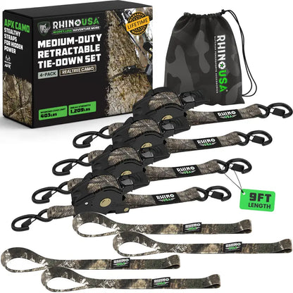 1" x 10' Retractable Ratchet Straps (2 or 4 Pack) - Self Retracting Cargo Tie Down Straps