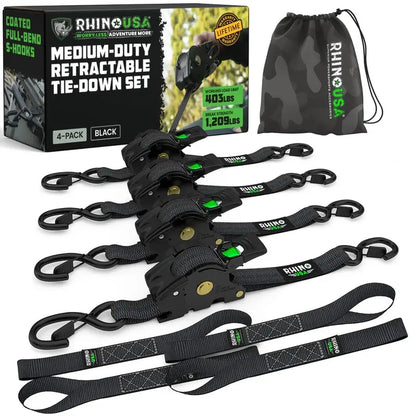 1" x 10' Retractable Ratchet Straps (2 or 4 Pack) - Self Retracting Cargo Tie Down Straps