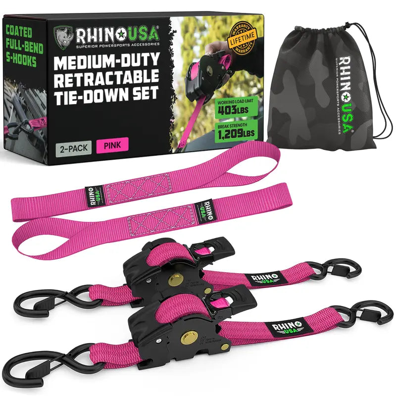 1" x 10' Retractable Ratchet Straps (2 or 4 Pack) - Self Retracting Cargo Tie Down Straps