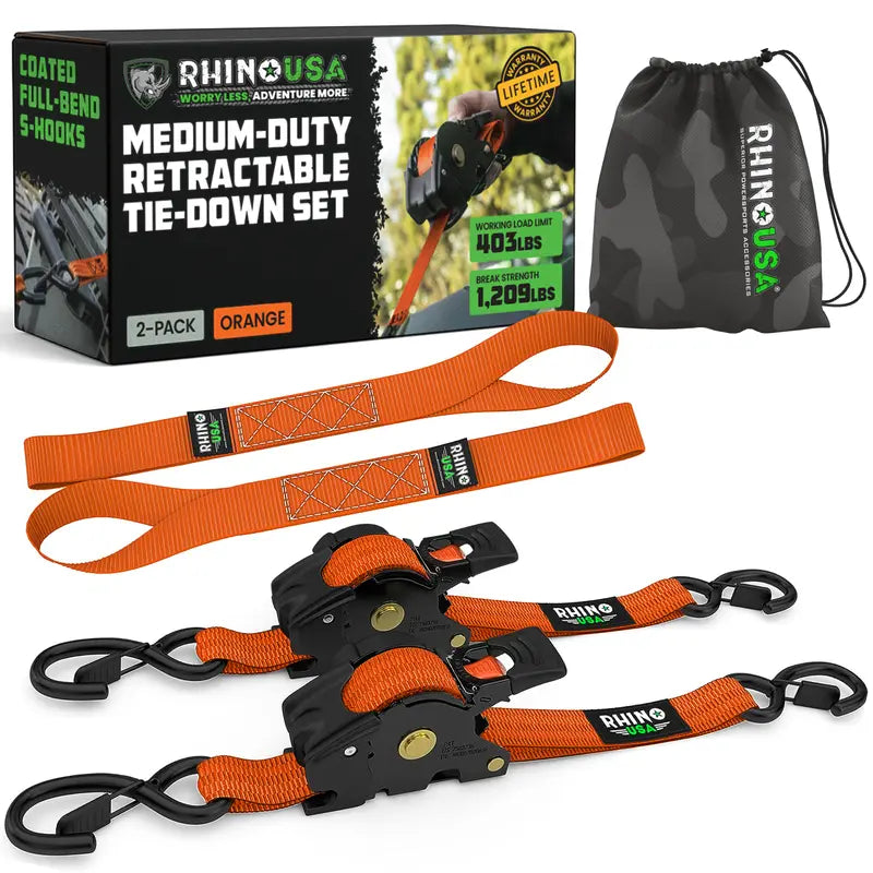 1" x 10' Retractable Ratchet Straps (2 or 4 Pack) - Self Retracting Cargo Tie Down Straps