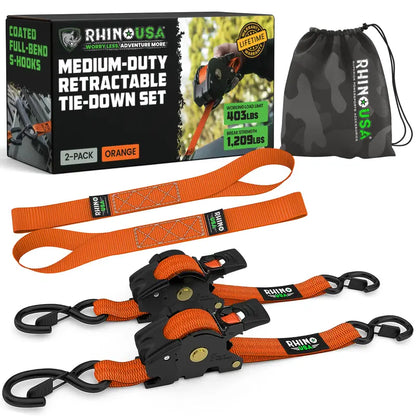 1" x 10' Retractable Ratchet Straps (2 or 4 Pack) - Self Retracting Cargo Tie Down Straps