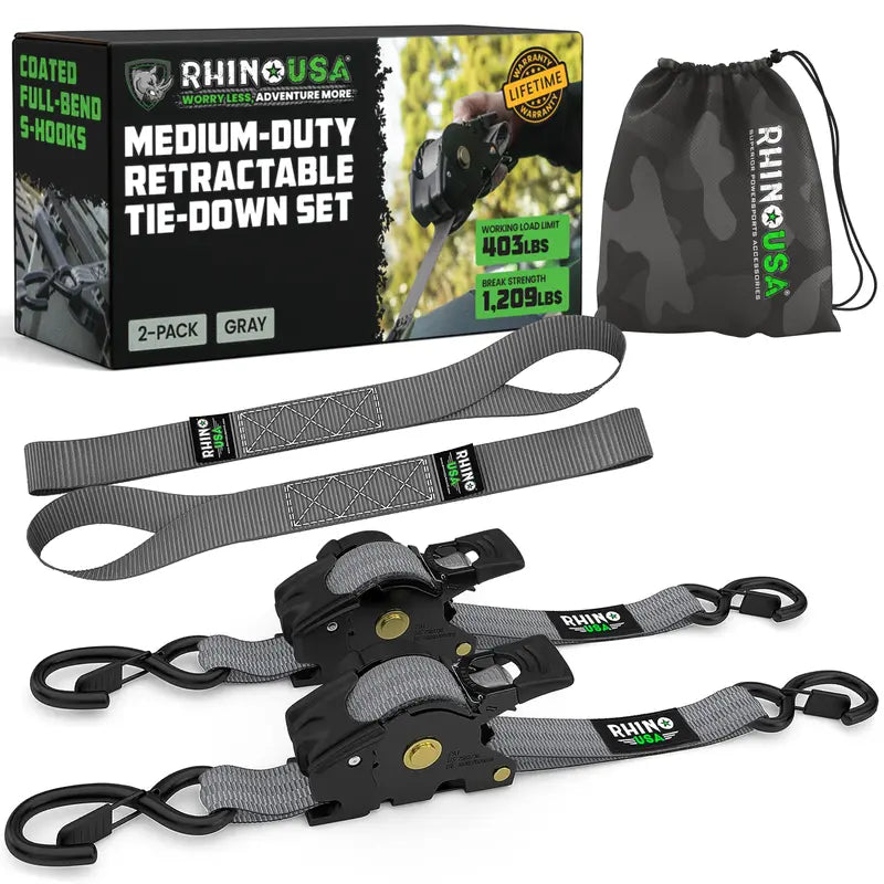 1" x 10' Retractable Ratchet Straps (2 or 4 Pack) - Self Retracting Cargo Tie Down Straps