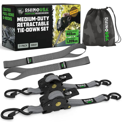 1" x 10' Retractable Ratchet Straps (2 or 4 Pack) - Self Retracting Cargo Tie Down Straps